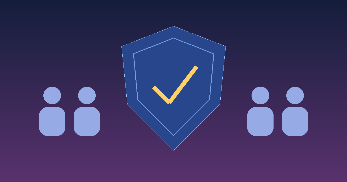 Illustration of a shield with a check mark surrounded by people silhouettes
